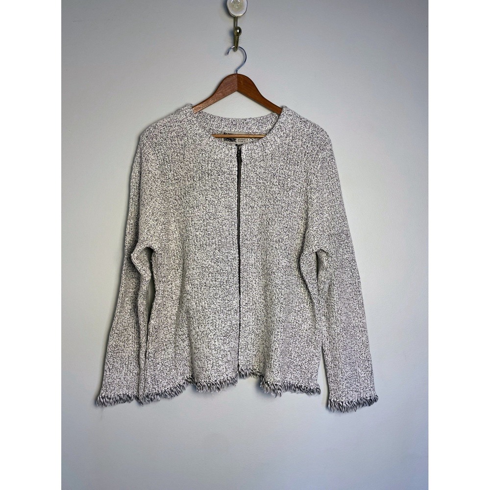 HabitatClothesToLiveIn Zip Up Fringe Chunky Knit Boxy Cardigan. Black/White. XL.